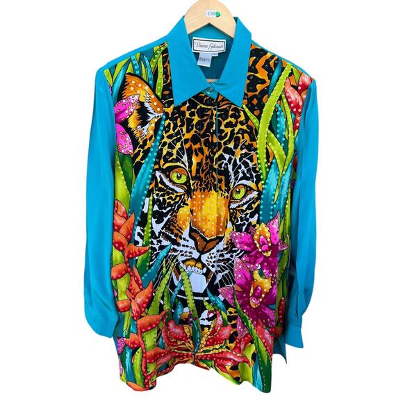 Diane Gilman Women's Sequins Blouse Long Sleeve Tiger Print 100% Silk Size Large - Picture 1 of 7